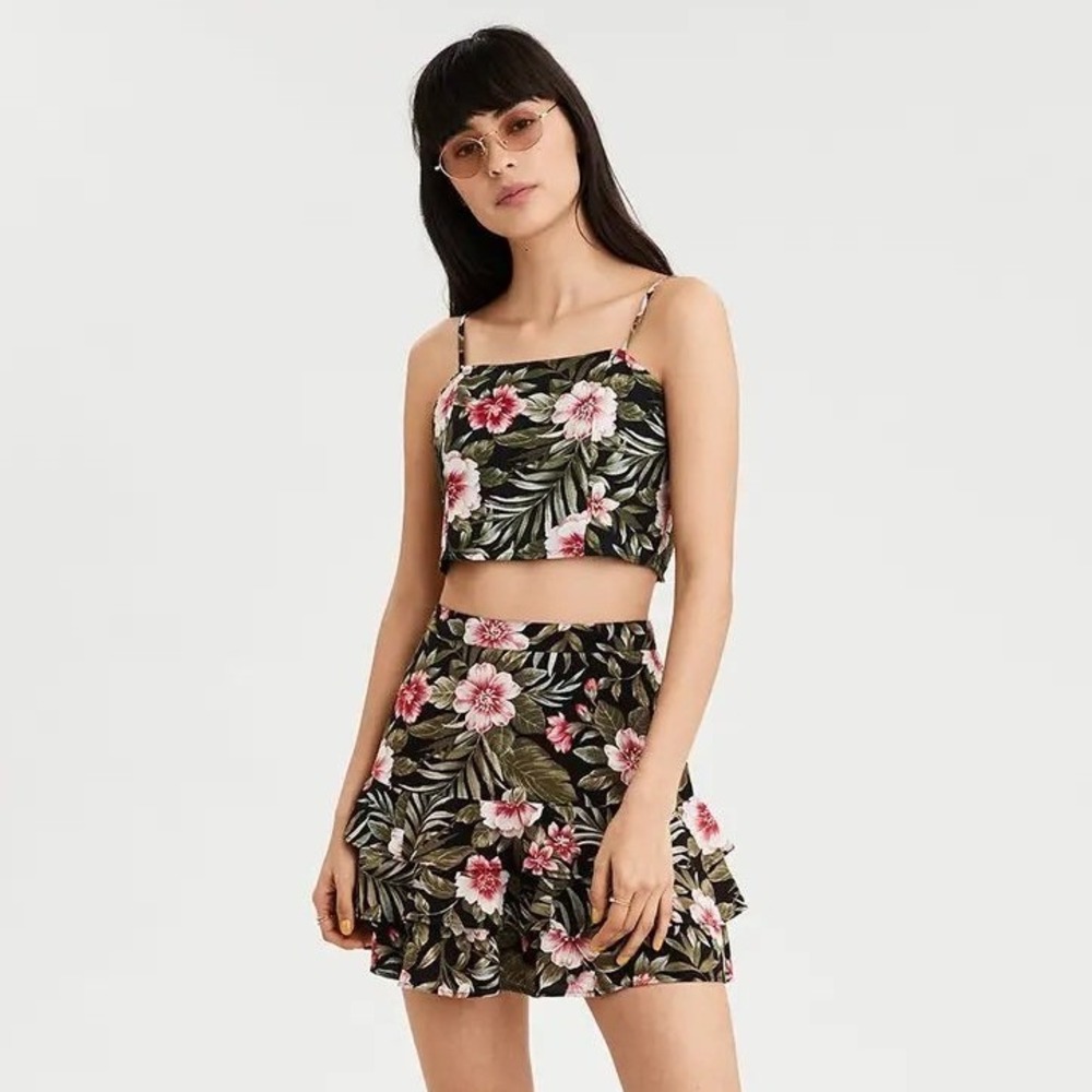 American Eagle Floral Crop Top Cami Skirt Set Tropical Summer Beach‎ Vacation S